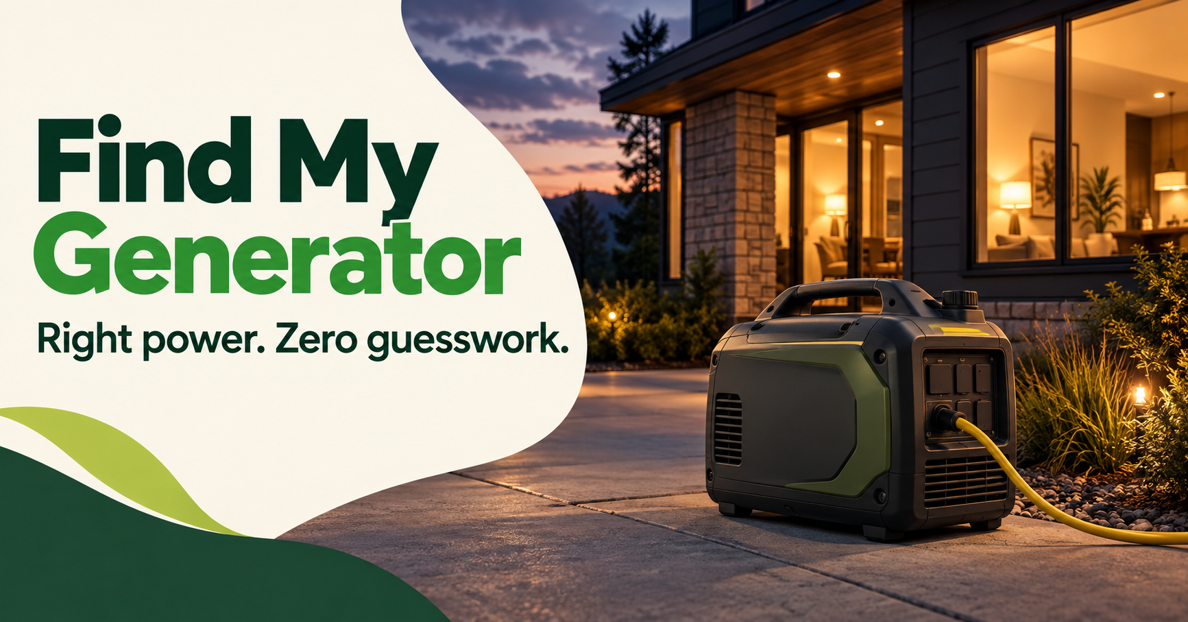 Portable generator positioned outdoors beside a warmly lit home at dusk